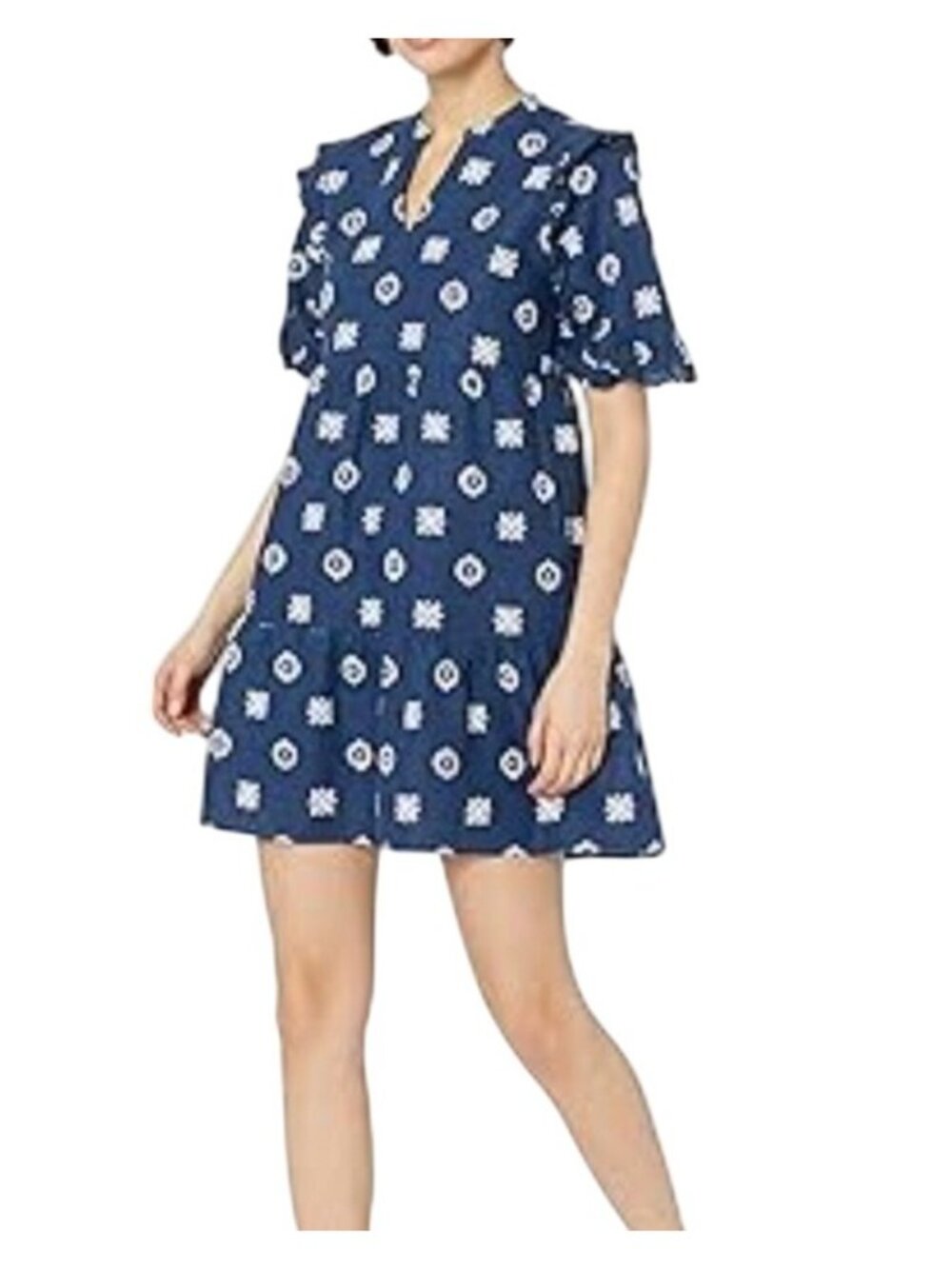 Womens Dress Size M Mini Linen Blend Ruffle Blue White Print Beach Resort Party